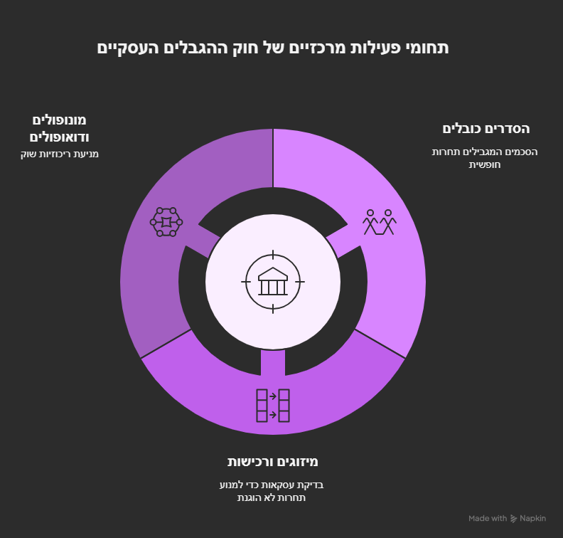תחומי הליבה של חוק ההגבלים העסקיים. תרשים תחומי הפעילות המרכזיים של חוק ההגבלים העסקיים.