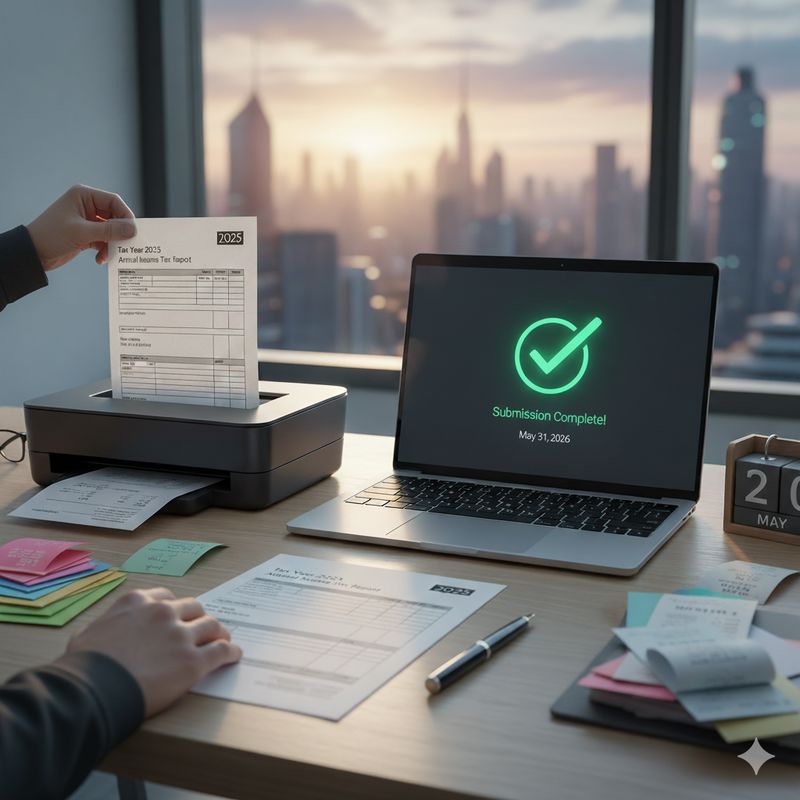 הגשת דוח שנתי מקוון מחשב נייד המציג אישור הגשת דוח 2025 במשרד