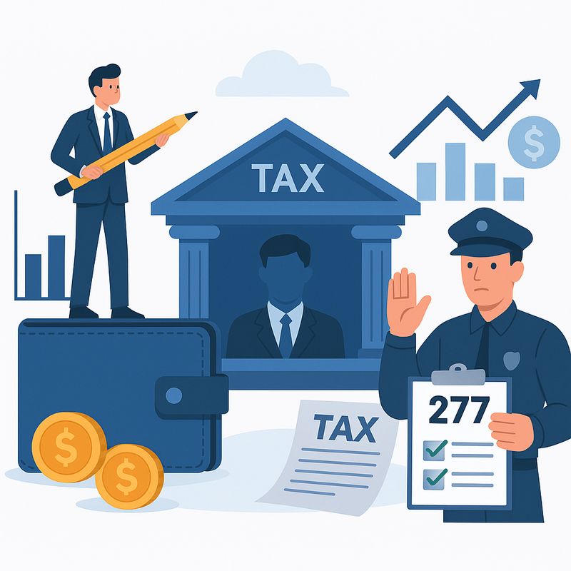 אינפוגרפיקה על מערכת המס והפיקוח. איור של בניין מס, איש עסקים וקצין בודק מסמכים.